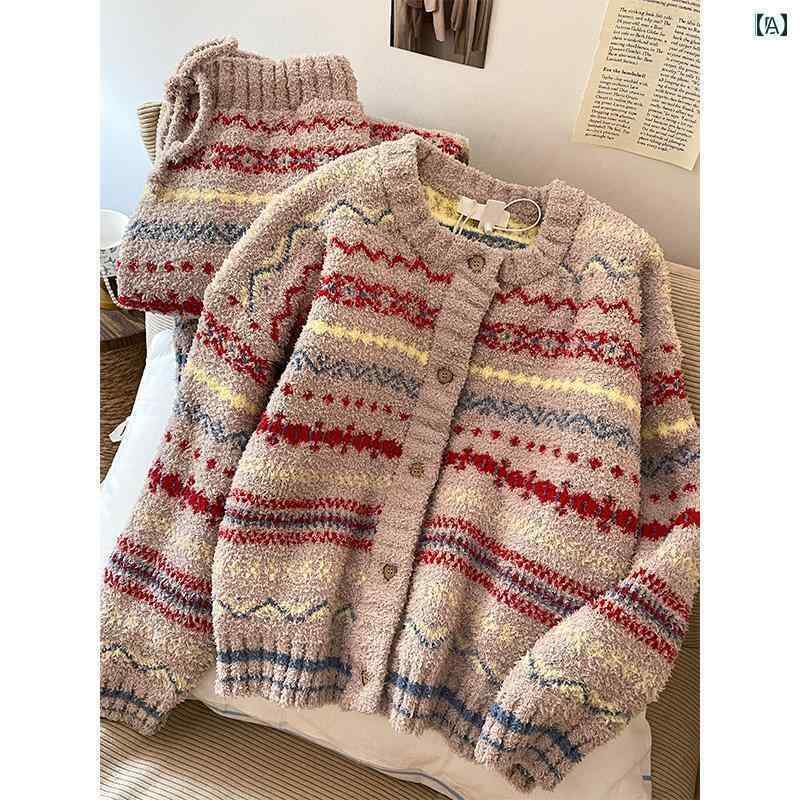 ストライプ　パジャマ　スウェット レトロ フェアアイル 高級 ストライプ ハーフ エッジ ベルベット パジャマ レディースニット 厚手 暖かい ホームウェア スーツ 秋冬