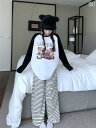 パジャマ セット スウェット 韓国 クマ 綿 パジャマ 女性 秋冬 長袖 カジュアル ストライプ パジャマは 家 着と して 着用 できます
