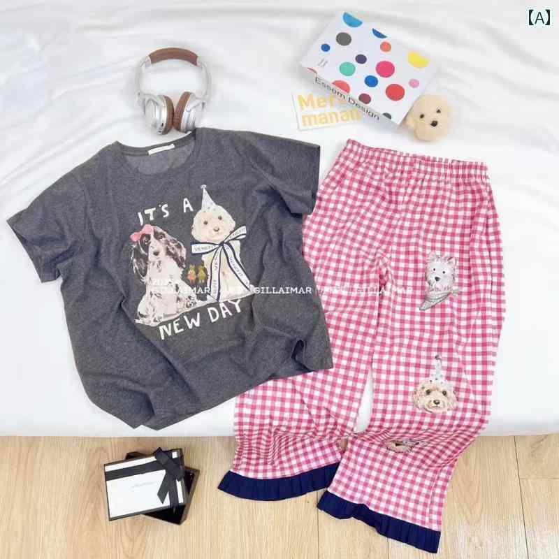 パジャマ　セット　スウェット ギル アイマー ベアの 本格的な 春夏 半袖 ズボン かわいい クールな 犬の 家 服 女性 外で 着用 できる チェック 柄 パンツ