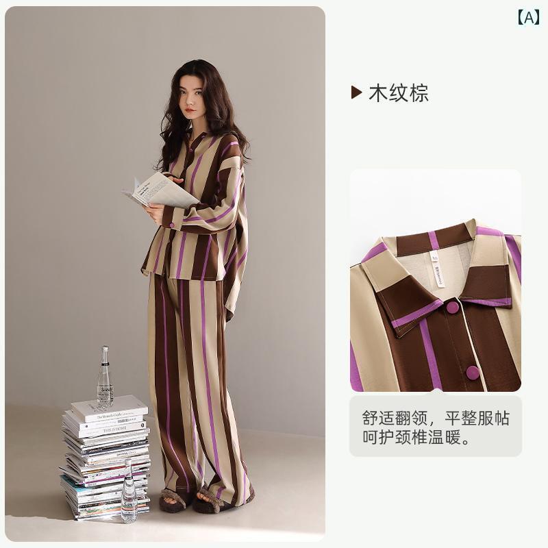 パジャマ　セット　スウェット Yue Nei パジャマ レディース 春秋 長袖 綿 大きいサイズ 家 着 ストライプ 高級 カジュアル 着用 可能(4)