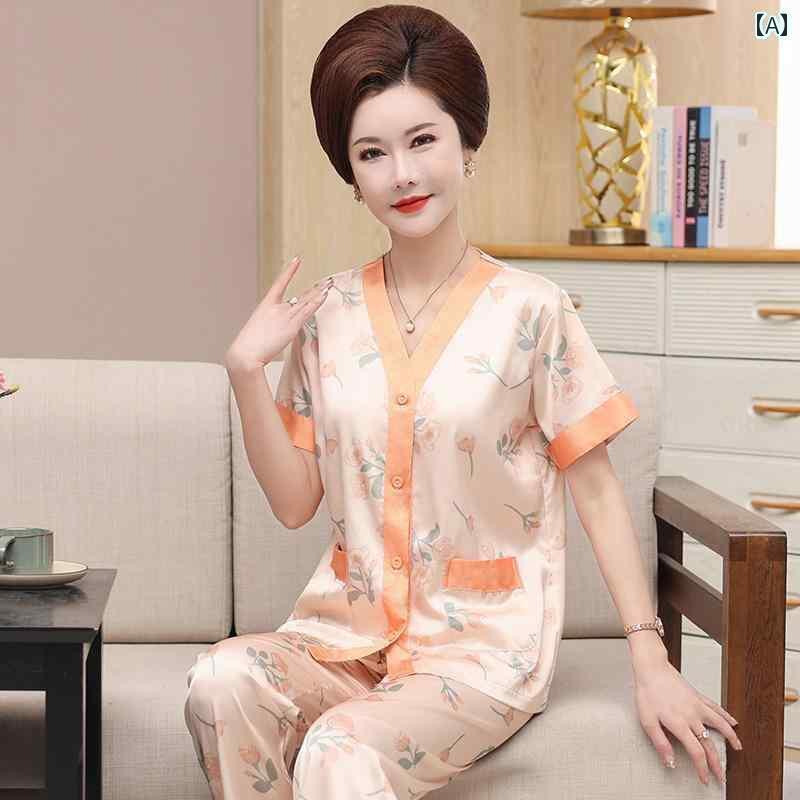 半袖　半ズボン　パジャマ 女性用 夏用 薄手 パジャマ シルク 半袖 ズボン 中年 女性 冷感 ホームウェア 母親用 スーツ