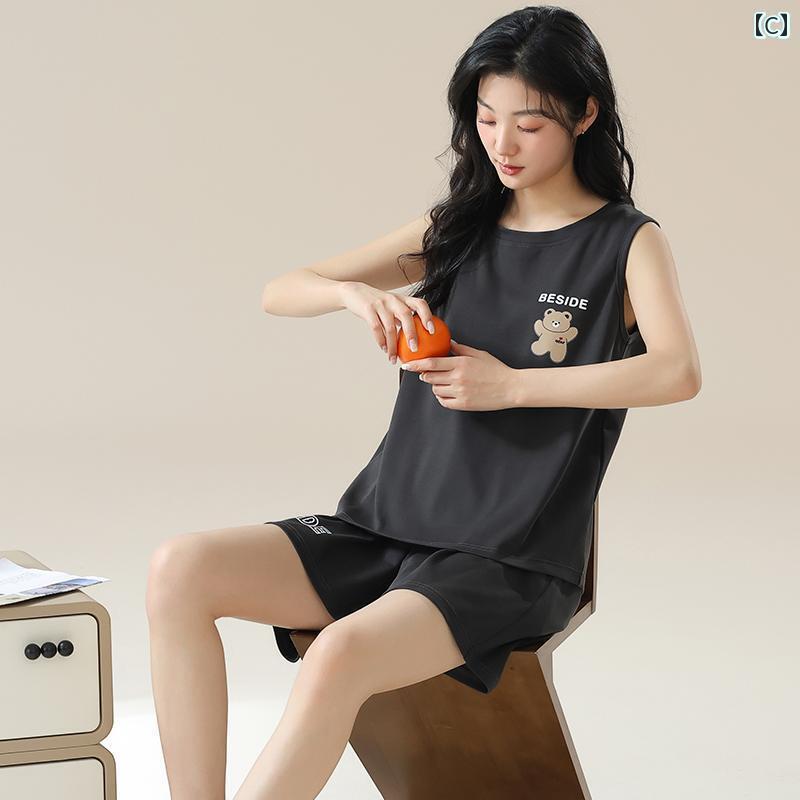 半袖　半ズボン　パジャマ Langsha パジャマ レディース 2025 ノースリーブ ショート パンツ スーツ 夏 薄手 スタイル ベスト 家 着 春秋