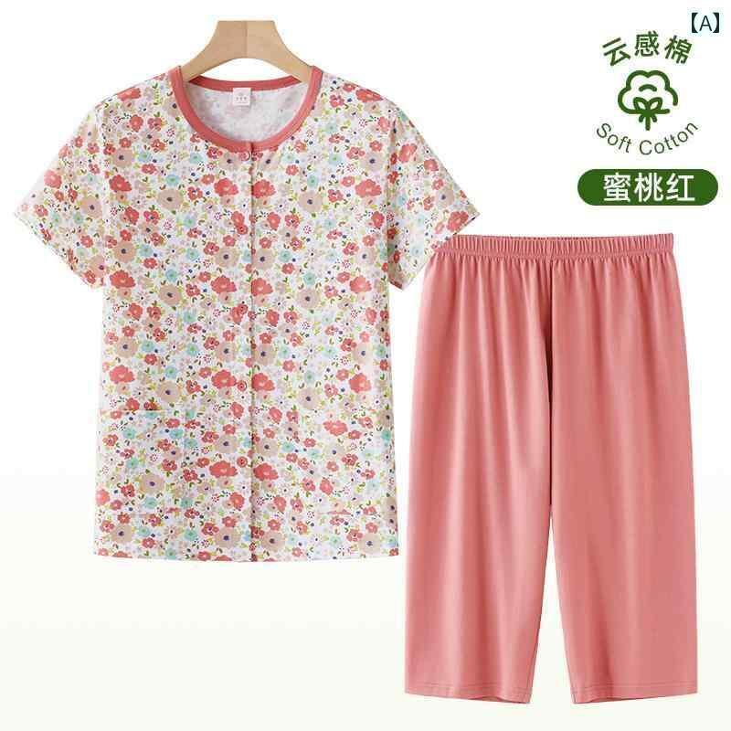 半袖　半ズボン　パジャマ Huayouyuan 春夏 ママ カーディガン 半袖 コットン ホーム 服 中年と 老年 女性 大きいサイズ パジャマ ショート パンツ ツーピース セット