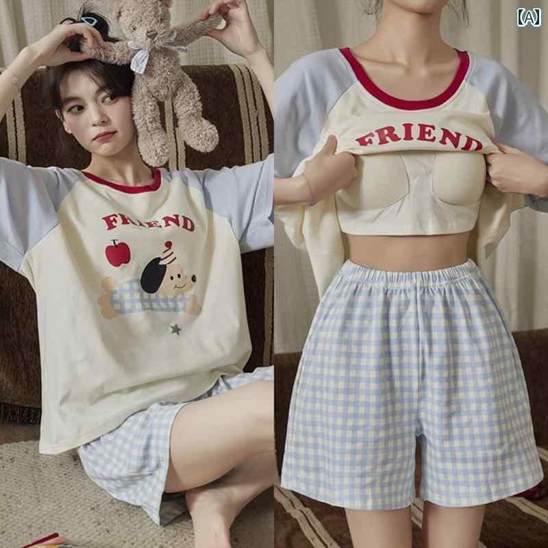 半袖　半ズボン　パジャマ 女性用 パジャマ 夏用 綿 半袖 胸 パッド 付き 2025夏用 ブルー チェック 柄..