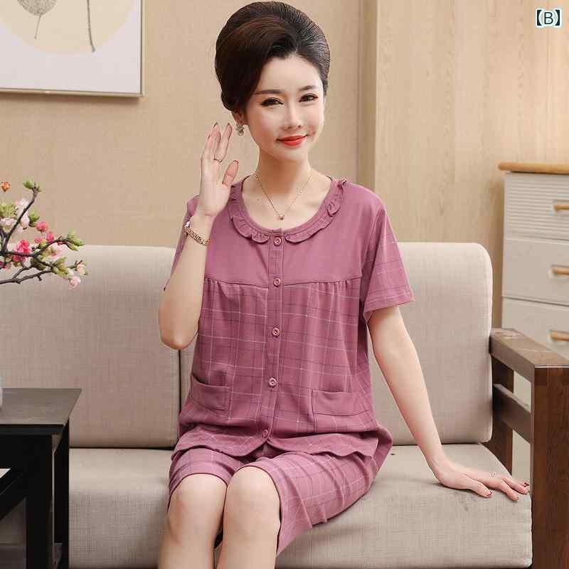 半袖　半ズボン　パジャマ レディース 夏 半袖 クロップドパンツ カーディガン パジャマ 薄手 丸 首 母 大きめ サイズ スーツ