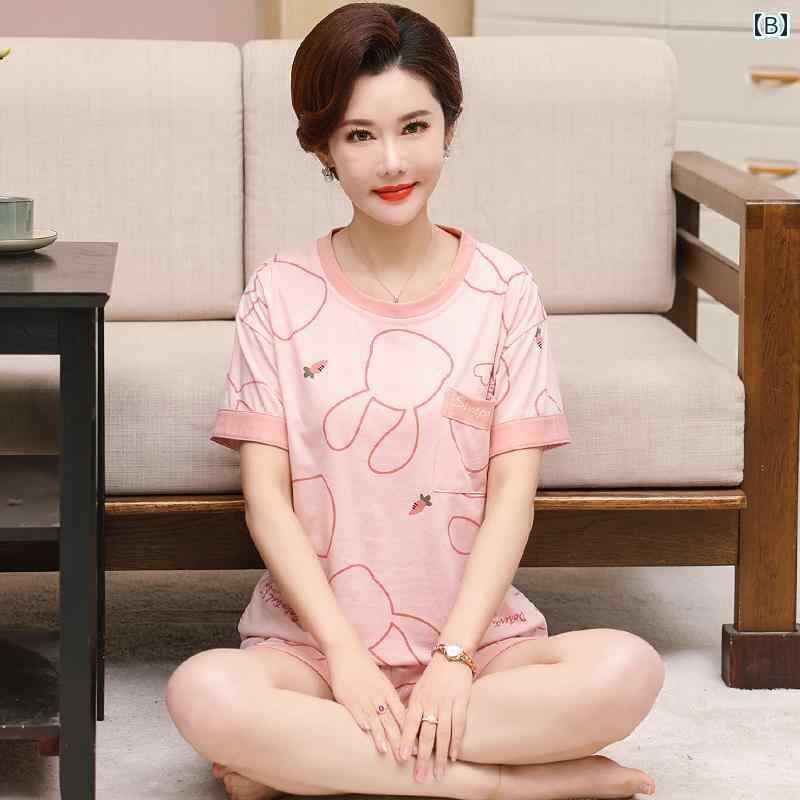半袖　半ズボン　パジャマ ママ 夏用 半袖 ショーツ 綿 パジャマ 薄手の カジュアル ラウンドネック 中年 女性は 夏に 家 着を 着る ことが できます。 2