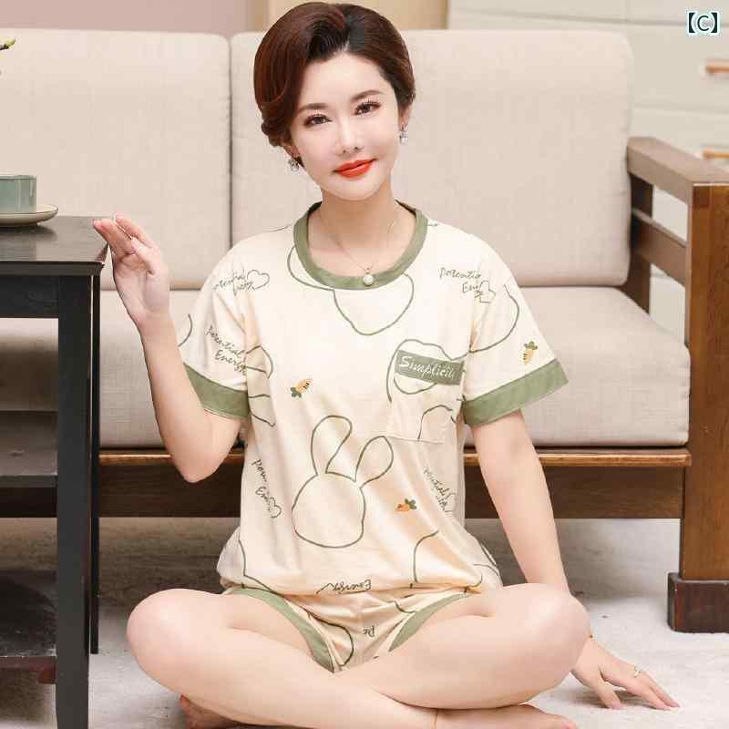半袖　半ズボン　パジャマ ママ 夏用 半袖 ショーツ 綿 パジャマ 薄手の カジュアル ラウンドネック 中年 女性は 夏に 家 着を 着る ことが できます。 3