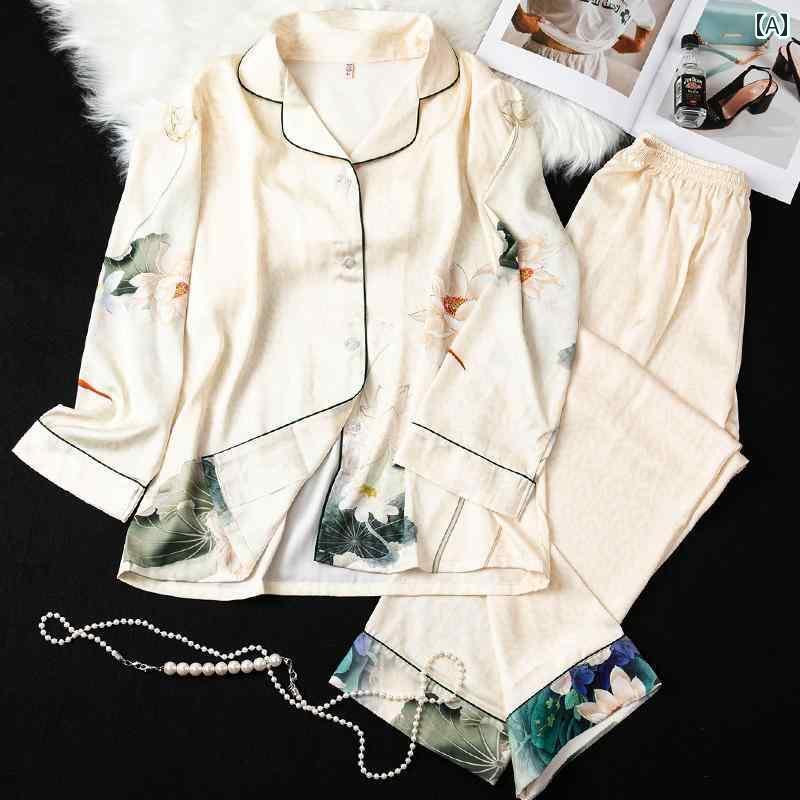 シルク　パジャマ　レディース 高級 春夏 シルク 薄手 パジャマ 2点 セット 桑 絹 長袖 ゆったり ホームウェア 女性用