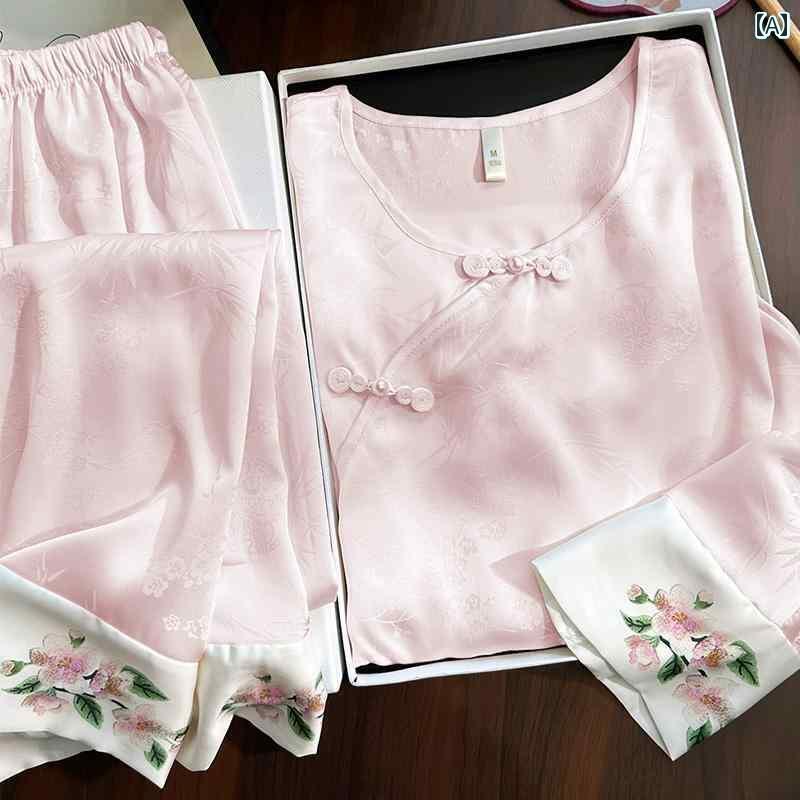 シルク　パジャマ　レディース チャイナ風 パジャマ サテン 冷感 女性 2025 精巧 民族 風 シルク 高級 長袖 スーツ ホーム 服