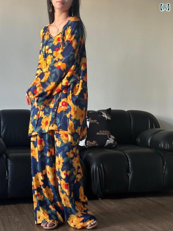 シルク　パジャマ　レディース 高級 レトロ スタイル プリントコットン シルクパジャマ 春秋 女性用 大..