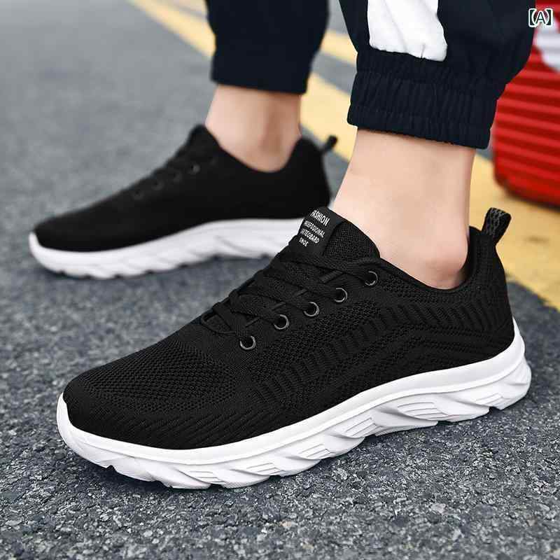 シューズ　ランニング　スポーツ 2025 春 メンズシューズ フライング ウィーブ メッシュ 通気性 スポーツ カジュアル シューズ メンズ ブラック 軽量 ソフト ソール ランニング