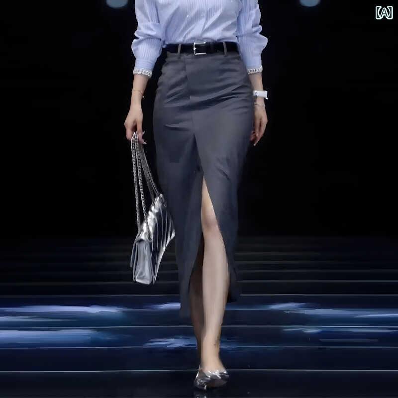 レディース　スカート　ハイウエスト グレー スーツ スリットスカート 女性用 2025 春 ハイウエスト ヒップ 大きいサイズ カバー ロング スカート