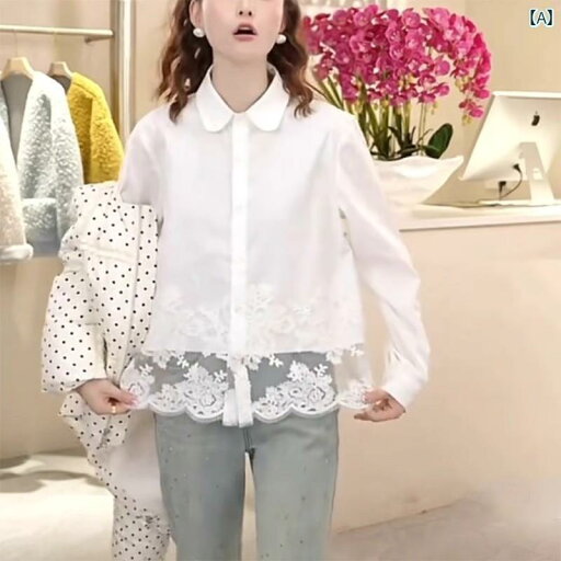 Yシャツ 無地 シンプル 大きいサイズ 婦人服 2025 春 レース ステッチ ホワイト シャツ やや 太め mm スリム トップス Yシャツ 無地 シンプル 大きいサイズ 婦人服 2025 春 レース ステッチ ホワイト シャツ やや 太め mm スリム トップス