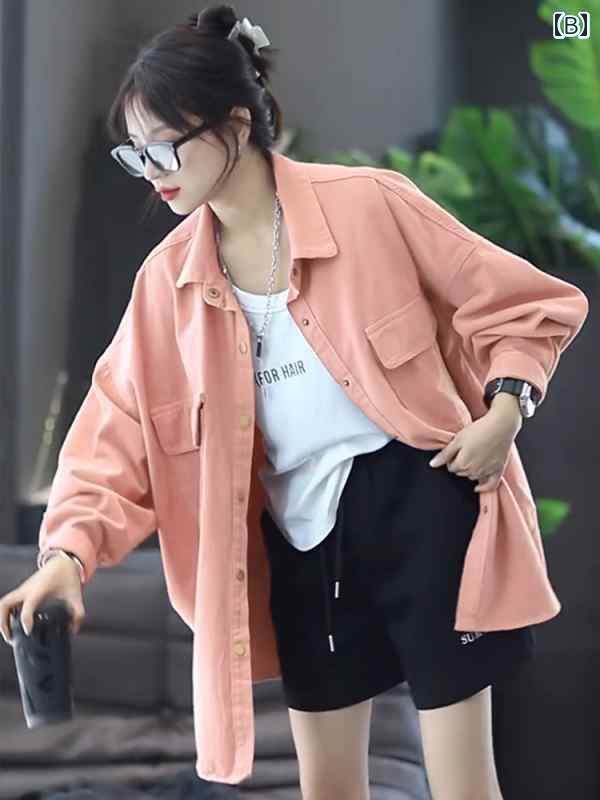 Yシャツ　無地　シンプル の 商品 春秋 小さい ラベルの ウォッシュド シャツ ジャケット レディース 2025 ゆったり カジュアル ミドル 丈 長袖 トップス