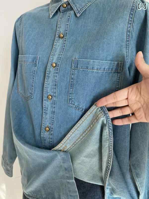 Yシャツ　無地　シンプル ライト ブルーの レトロ ソフト デニムシャツ 女性用 重ね 着 インナー 春服 ..