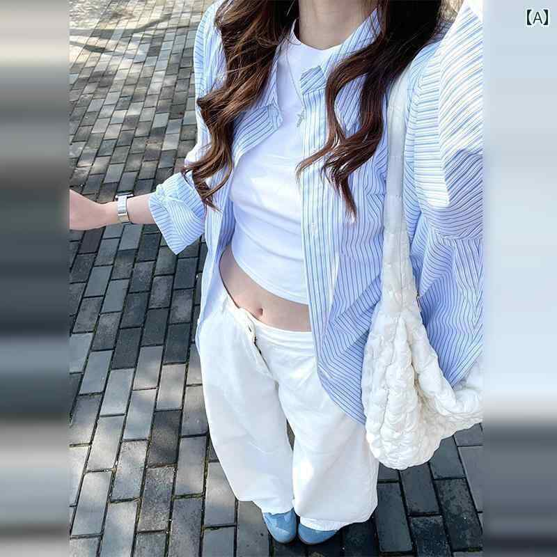 Yシャツ　無地　シンプル ブルー フレンチ ストライプシャツジャケット レディース 春 2025 新 韓国 シック トップ