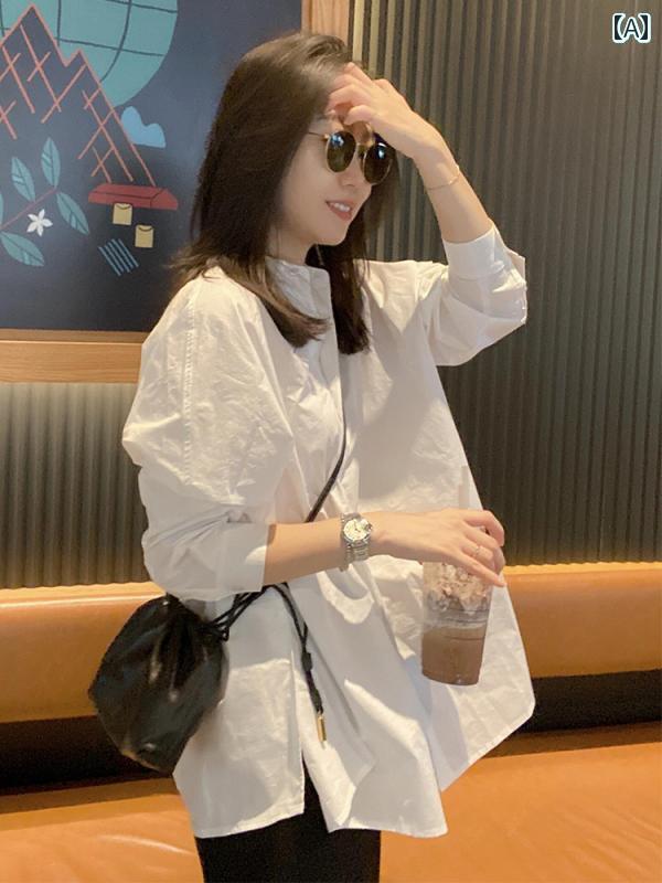 Yシャツ　無地　シンプル なの 白 シャツ 韓国 シンプル 長袖 ゆったり 通勤 カジュアル 2025 初春 レ..