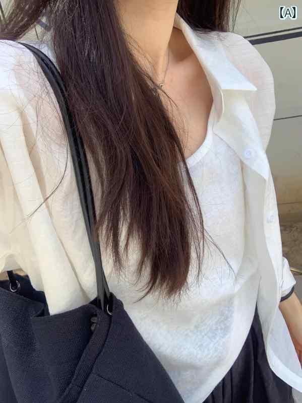 Yシャツ　無地　シンプル 韓国 白い 薄手の 日焼け防止 長袖 シャツ レディース 夏 ゆったり めの な カジュアル ジャケット トップス