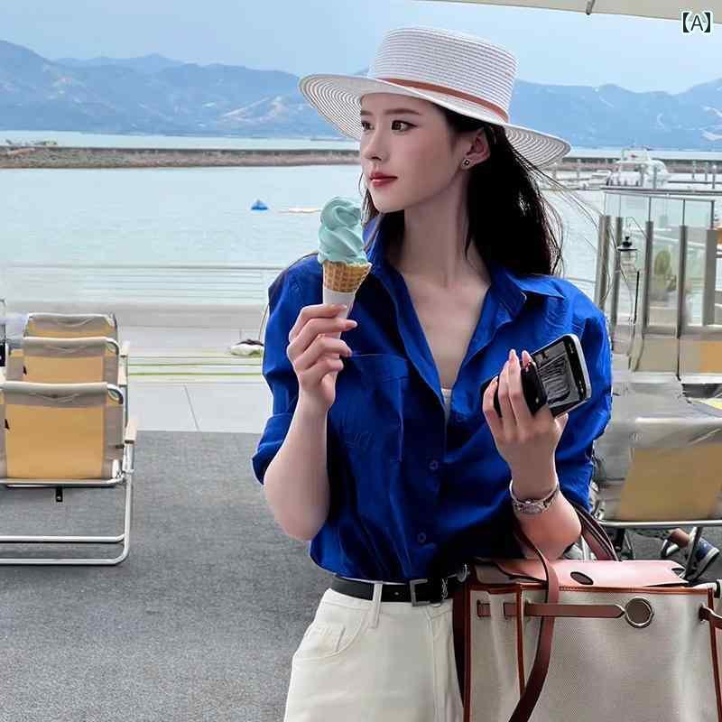 乐天商城 - Yシャツ　無地　シンプル クラインブルー シャツ トップス ジャケット レディース 早春 2025 夏 長袖 フランス ゆったり