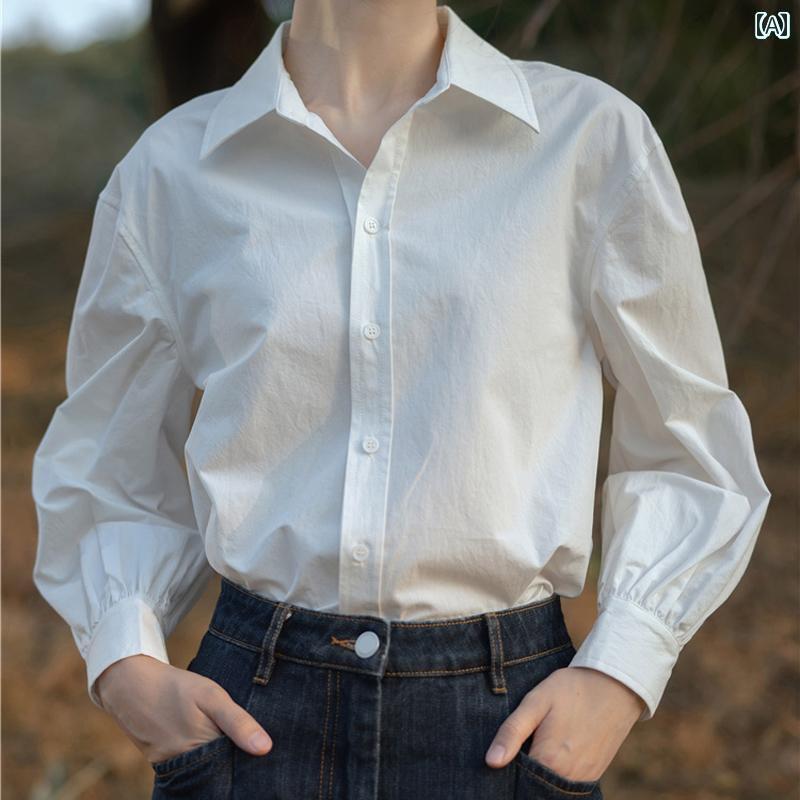 Rakuten - Yシャツ　無地　シンプル 春秋 長袖 綿 シャツ 女性用 韓国 スリム スタイリッシュな プロ トップス
