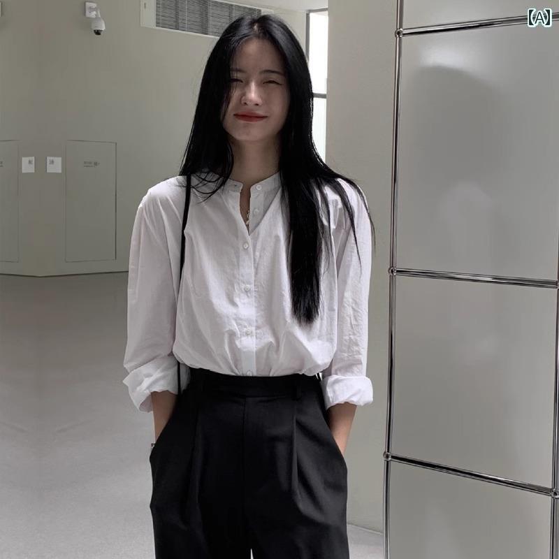 Other - Yシャツ　無地　シンプル 韓国 通勤 シンプル 白 シャツ レディース 春秋 スタンドカラー 長袖 カジュアル フレンチ ラウンドネック トップ
