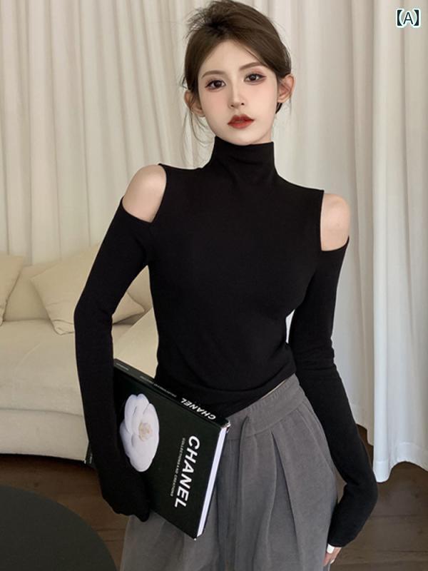 レディース　カジュアル　パンツ 黒の タートルネック オフショルダー レイヤリング セーター ニット ..