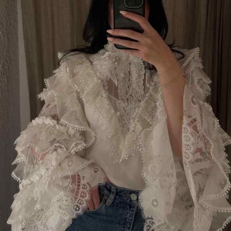 レディース　シャツ　レース 2025 春夏 ヘビー ホワイト レース トランペット スリーブ シルク リネン トップ シャツ