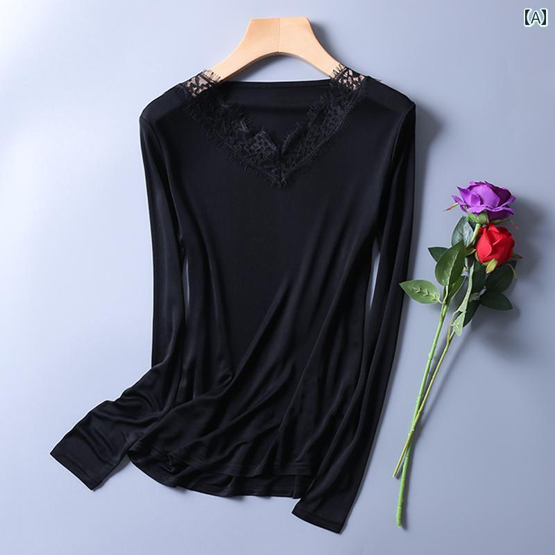 レディース　ニット　レース　シルク 秋冬 シルクニット Vネック 長袖 レイヤリング シャツ レース マ..