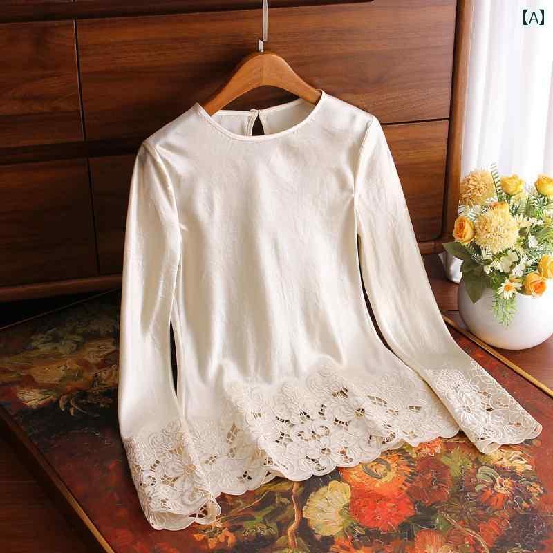 レディース　ニット　レース　シルク 2025 春 アセテート サテン 裾 レース レイヤリング シャツ レデ..