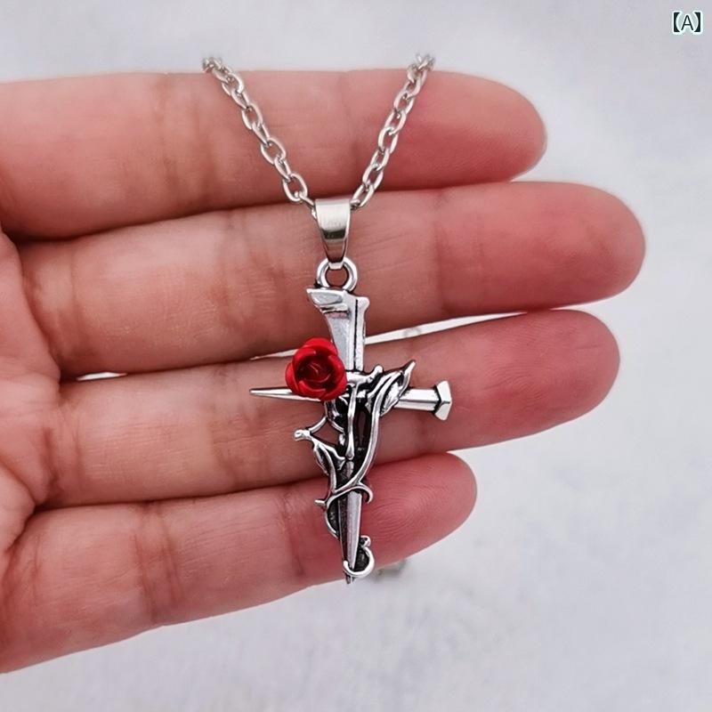 ネックレス　十字架　クロス 2025 赤い バラの 十字架の ネックレス シンプル 個性的な カップルの な ..