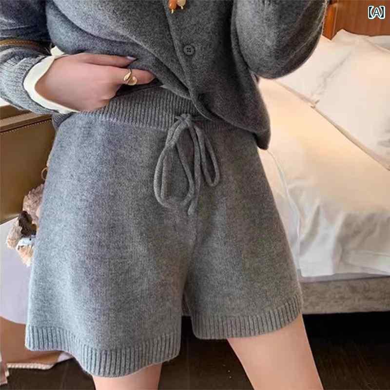 レディース　ショーツ　レギンス グレーの ニット ウール ショート パンツ レディース 秋冬 2024 冬 アウター ミドル 丈 ブーツ