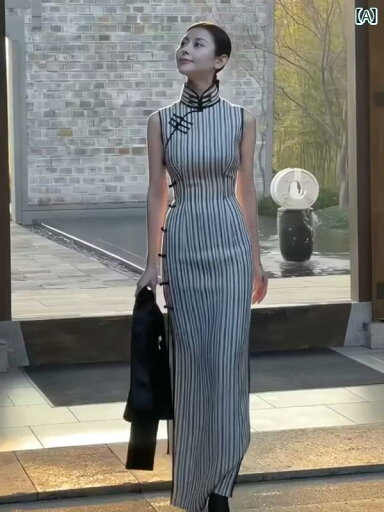 ドレス チャイナ レディース チャイナ風 中華 風の チャイナ ドレスの ロング スカートの ハイエンド 美しい フランスの ストライプの ノースリーブの 女性 春と 夏 ドレス チャイナ レディース チャイナ風 中華 風の チャイナ ドレスの ロング スカートの ハイエンド 美しい フランスの ストライプの ノースリーブの 女性 春と 夏