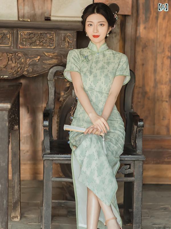 ドレス　チャイナ　レディース 中国 レトロ 高級 感が 美しく チャイナ ドレスの 女の子 若見え 緑の 民族 風の スカートは 夏に 着用 できます
