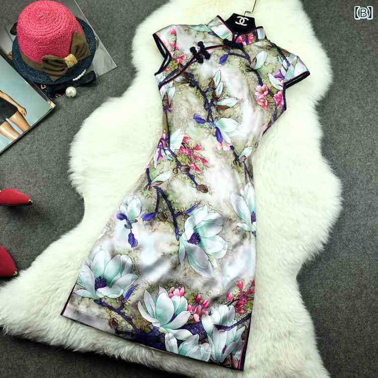 レディース ファッション チャイナ風 チェック チャイナ ドレス チャイナ風 ハーフ ブレスト 半袖 ドレス