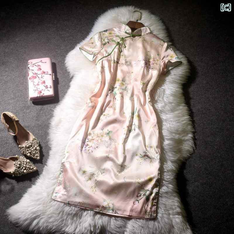 レディース ファッション チャイナ風 チェック チャイナ ドレス チャイナ風 ハーフ ブレスト 半袖 ドレス