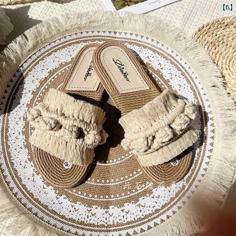 レディース　サンダル　スリッパ この Shibeishiの マクラメ 編み スリッパは ホリデー スタイルで カジュアルで 軽量で 快適 ファッション シューズです。