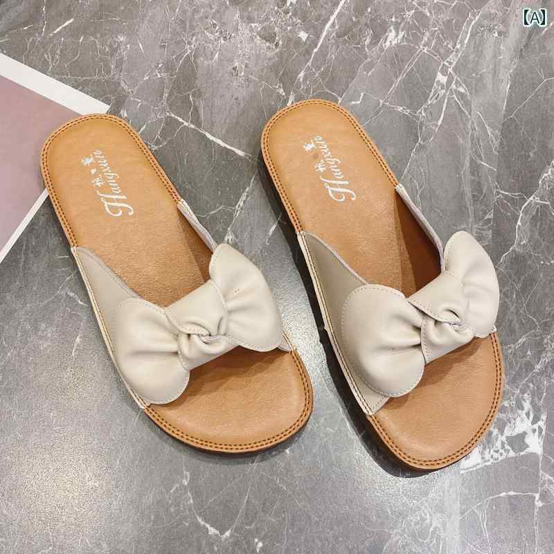 レディース　サンダル　スリッパ 蝶 結び 革 サンダル 女性用 屋外で 履く 夏 スタイル 万能 牛 腱 ソ..