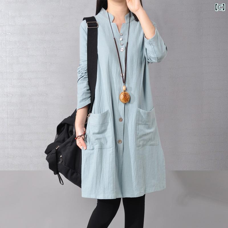 シャツ ドレス レディース 広東 普 寧 シャツ 女性 2024 春と 秋の 新しい 大きい サイズ ゆったり 母 文様中長 綿 麻 シャツ ドレス