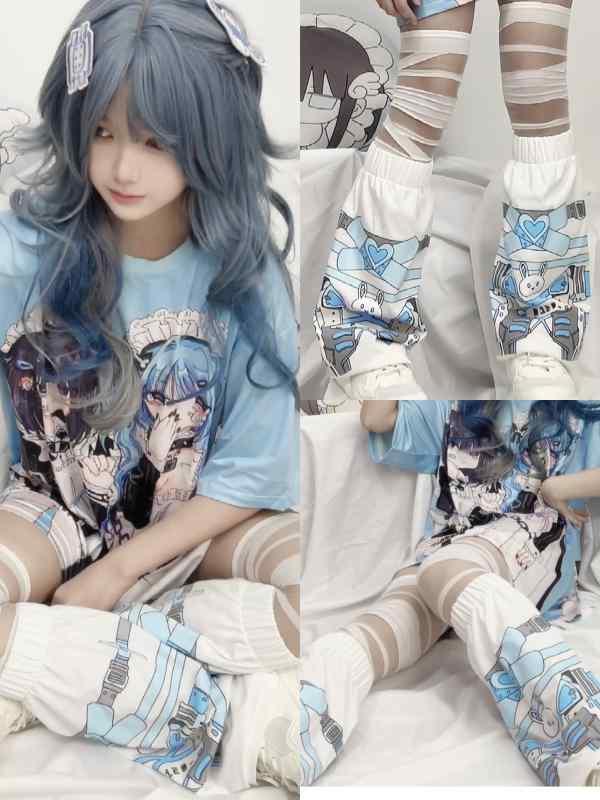 ソックス　カバー　サポート ヤメ コ 水彩 メカニカル ウサギ レッグカバー サブカルチャー 青と 白の ..