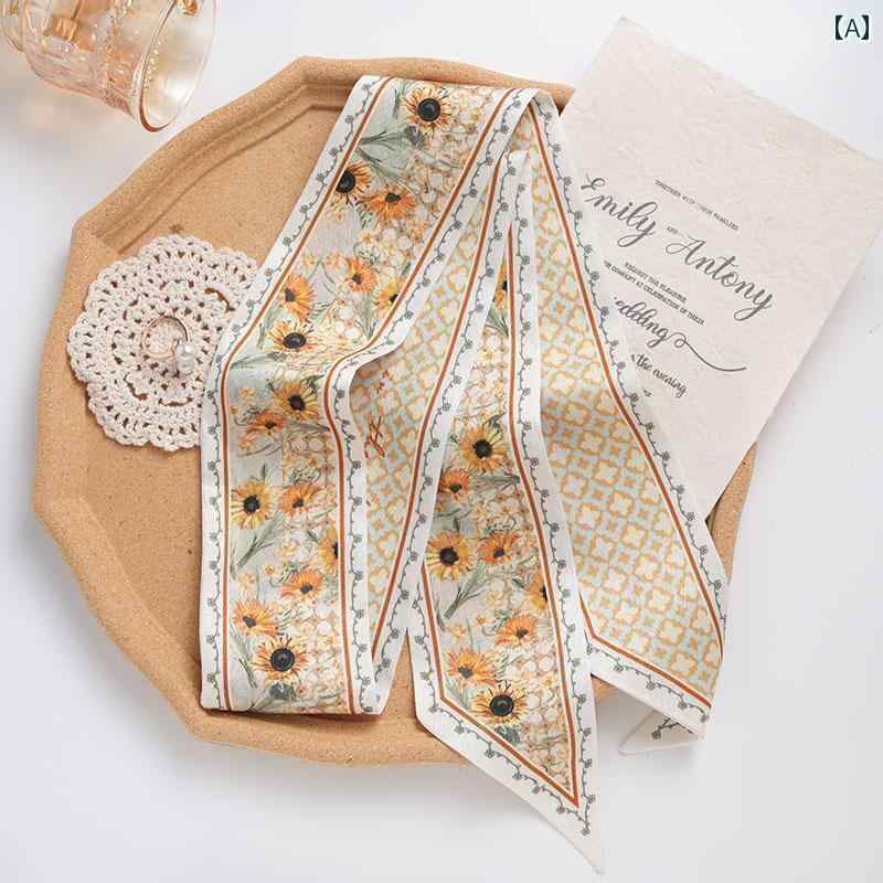 リボン　アクセサリー　ロープ Date 35 th 油絵 ひまわり 韓国 装飾 リボン ロング ナロー シルクスカ..