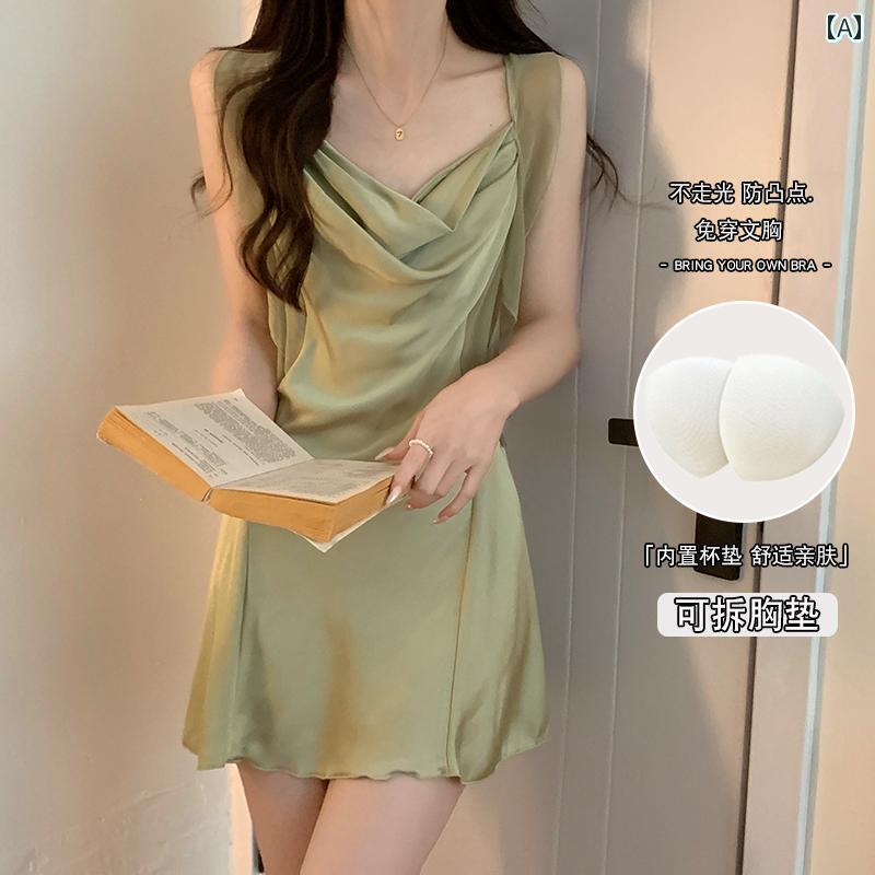 レース　キャミソール　トップス サスペンダー ナイトドレス 女性 夏 セクシー レース スイング タイ 胸 パッド ネットな スタイル 冷感 グリーン パジャマ