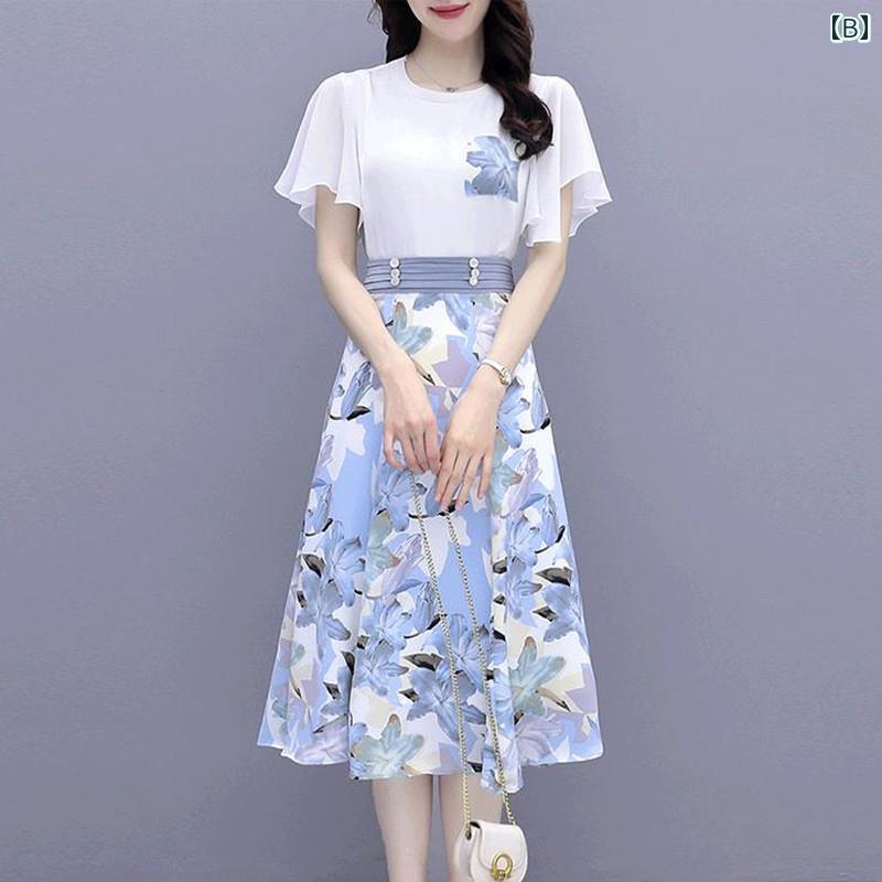 レディース　カジュアル　ウェア シフォンプリント ドレス フェアリー お姫様 スタイル 夏 スリム エレガント ファッション ツーピース スーツ スカート