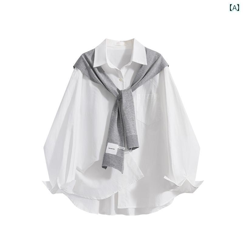 レディース　カジュアル　ウェア それらの ものの ワードローブ 韓国 ニット ショール ブルー シャツ ..