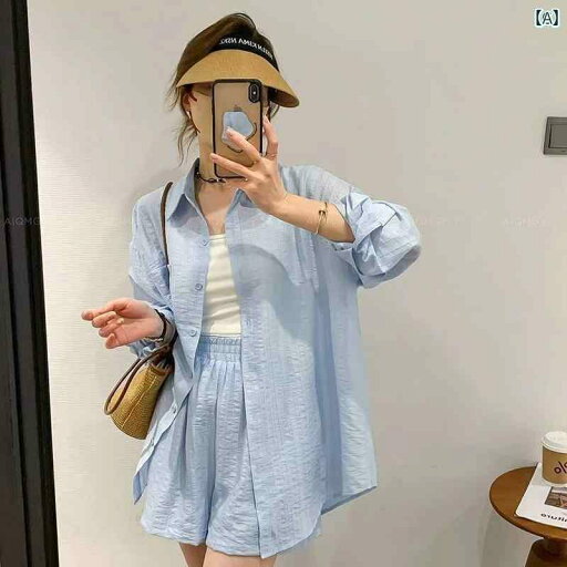 レディース カジュアル ウェア 夏の 薄手 ファッション ブルー 日焼け防止 シャツ ワイド レッグ ショーツ ツーピース スーツ 女性 ドーパミン カジュアル スポーツ レディース カジュアル ウェア 夏の 薄手 ファッション ブルー 日焼け防止 シャツ ワイド レッグ ショーツ ツーピース スーツ 女性 ドーパミン カジュアル スポーツ