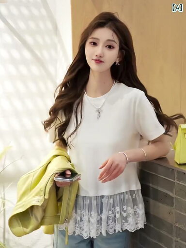 レディース インナー サスペンダー レース 裾 ストレート ショルダー 半袖 Tシャツ 女性 2025 春 ファッション トップ レディース インナー サスペンダー レース 裾 ストレート ショルダー 半袖 Tシャツ 女性 2025 春 ファッション トップ