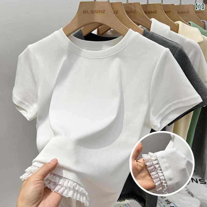 レディース　インナー　サスペンダー 2025夏の レディース ホワイト レース ステッチ 半袖 Tシャツ ラ..