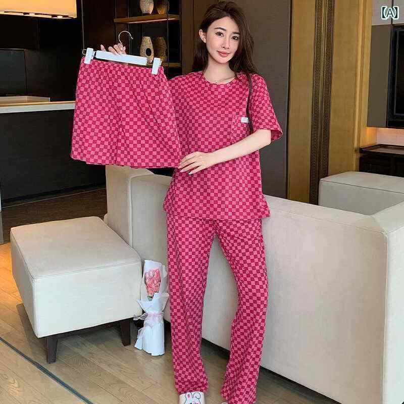 パジャマ　上下　薄手 チェス パジャマ レディース 夏 ソフト 半袖 ズボン スリーピーススーツ 2024 ス..