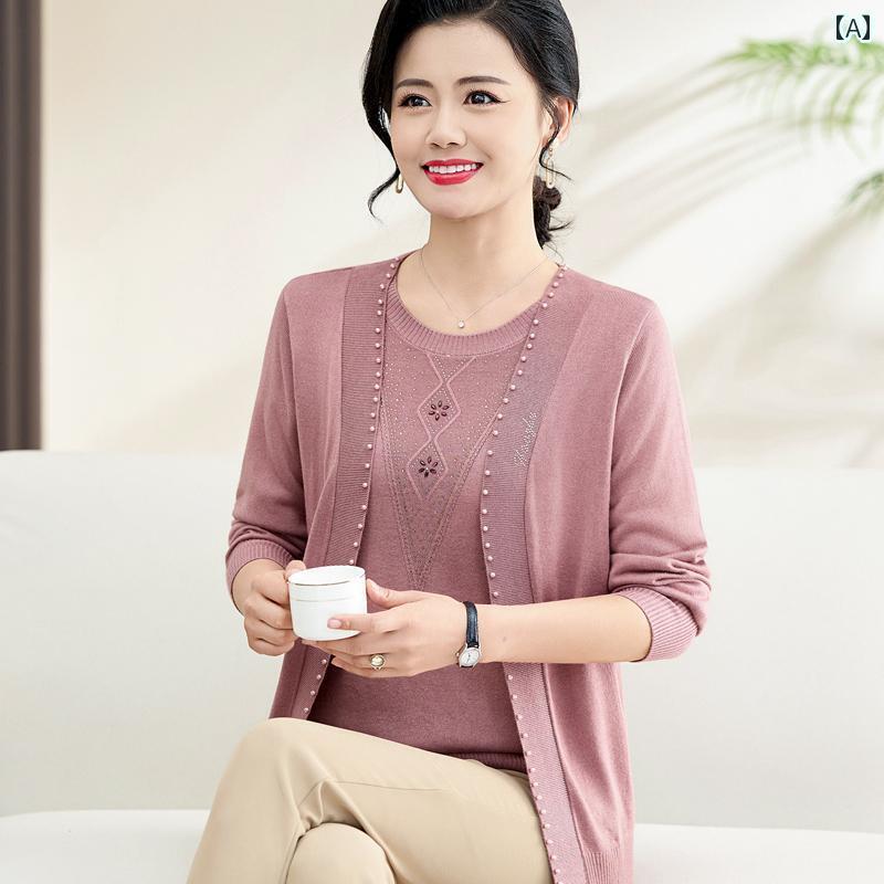 レディース　ツーピース　シルク 恒 元 祥 女性 春秋 ウール セーター ツーピース スーツ 母親 大きいサイズ 薄手 シルク カーディガン アウター