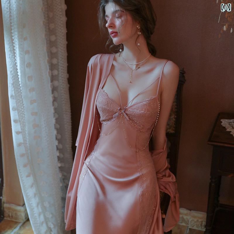 レディース　ツーピース　シルク な 魅惑的 シルクパジャマ 女性 春秋 薄手 サスペンダー ナイトドレス 胸 パッド 付き マルベリー シルク ナイトガウン ツーピース セット