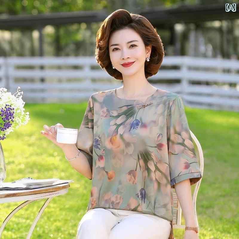 レディース　ツーピース　シルク シルク 半袖 40歳 50歳のお母さん ゆったり 杭 州 トップス 夏 桑 Tシャツ スーツ
